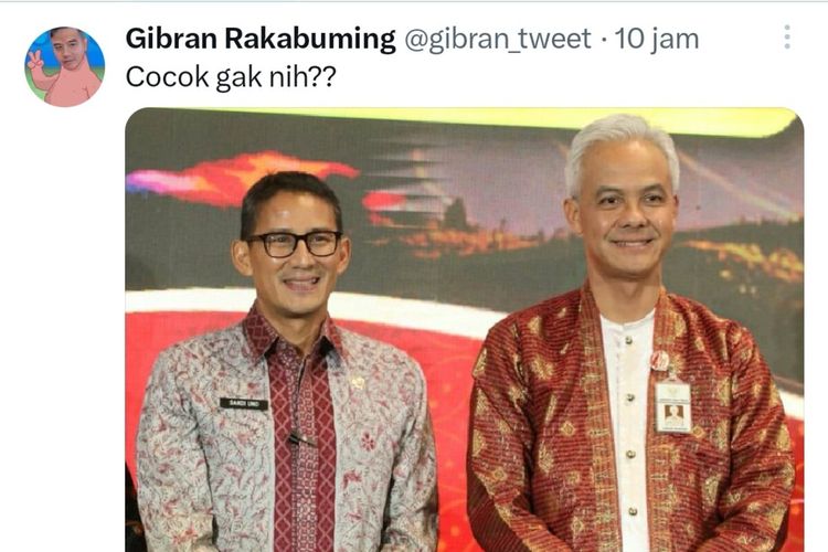 Tanggapan layar foto Gubernur Jawa Tengah Ganjar Pranowo bersama Menteri Pariwisata dan Ekonomi Kreatif Sandiaga Uno di akun Twitter Wali Kota Solo Gibran Rakabuming Raka, Jumat (28/4/2023).