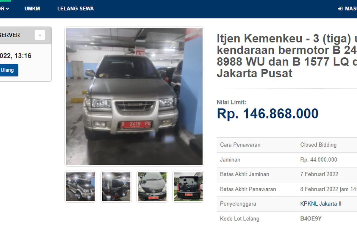 Tangkapan layar laman lelang paket MPV pelat merah terdiri dari Isuzu Panther Touring, Nissan Serena, dan Nissan Grand Livina