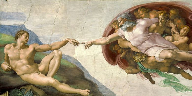 Ilustrasi lukisan The Creation of Adam karya Michelangelo.