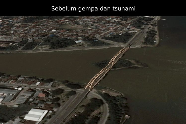Jembatan Kuning, ikon Kota Palu, yang membentang di atas Teluk Talise seperti terlihat di Google Earth. Jembatan sepanjang sepanjang 300 meter ini menghubungkan wilayah Palu Barat dan Palu Utara. Jembatan ini juga merupakan jalur menuju Donggala. 