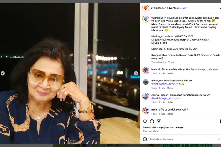 Istri ketujuh Bung Karno, Yurike Sanger meninggal dunia di AS pada usia 81 tahun usai melawan kanker.