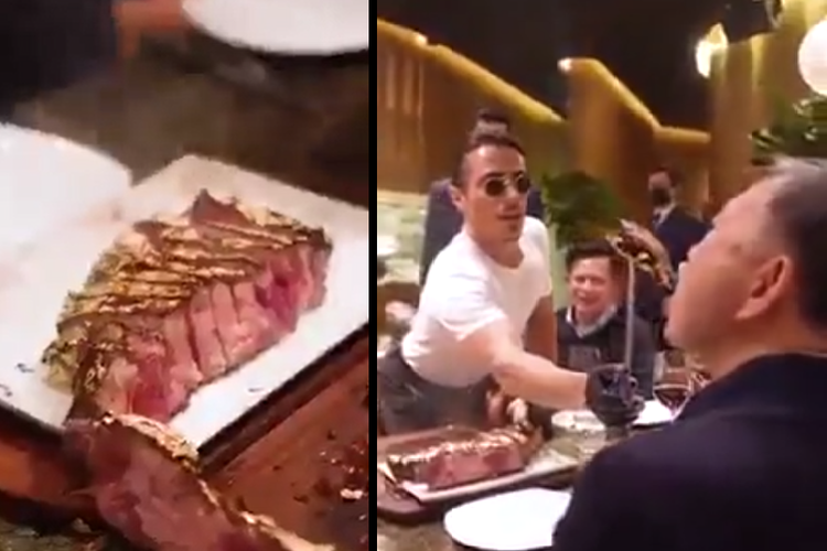 Tangkap layar sebuah video menunjukkan Menteri Keamanan Vietnam diberi makan steak berlapis emas oleh koki selebriti Nusret Gokce, yang dikenal sebagai Salt Bae.
