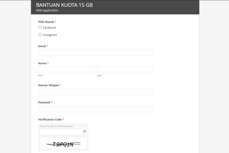 Tangkapan layar hoaks form pendaftaran bantuan kuota internet Kemendikbud