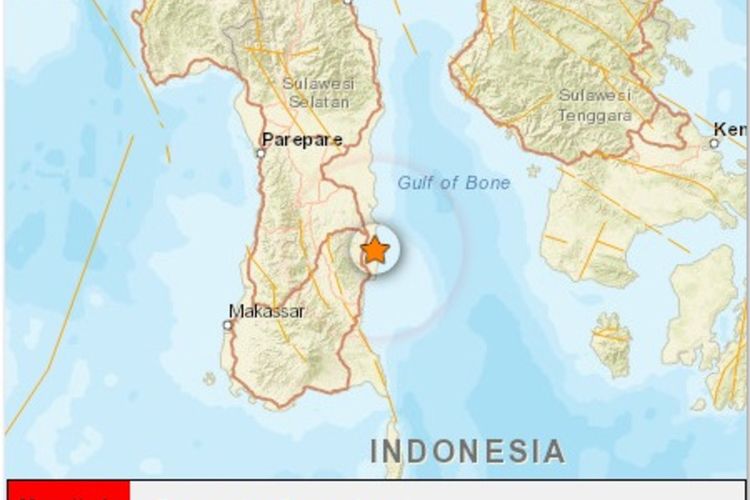 Titik gempa di Kabupaten Bone, Sulawesi Selatan, Senin (25/3/2024) malam.