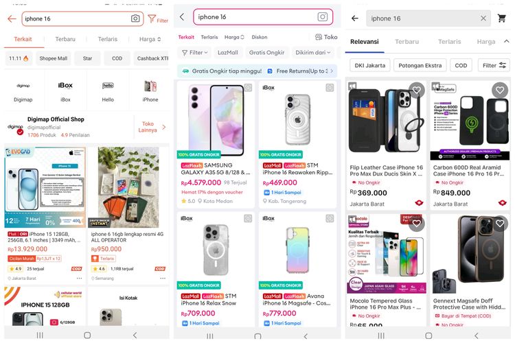 Hasil pencarian dengan kata kunci iPhone 16 di marketplace Shopee (kiri), Lazada (tengah), dan Bukalapak (kanan).