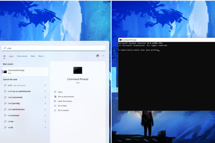 Cara melihat password WiFi di laptop Windows 10 via Command Prompt.