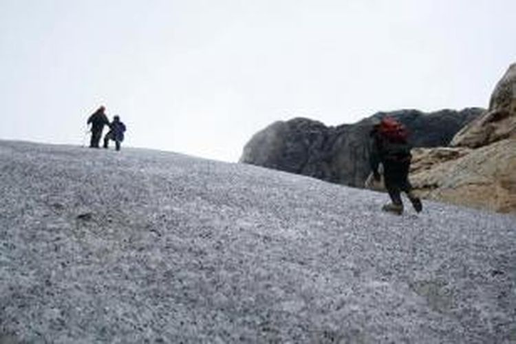 Tim Bravo Ekspedisi Tujuh Puncak Dunia dari Wanadri menyusuri jalur es puncak Nggapulu atau puncak Soekarno di ketinggian sekitar 4.700 meter di atas permukaan laut (mdpl), kawasan Pegunungan Jayawijaya, Papua, Senin (19/4/2010). Pendakian ke daerah puncak Nggapulu ini sebagai ajang pengenalan medan dan aklimatisasi bagi tim sebelum menuju puncak Carstensz Pyramid atau Ndugu-Ndugu yang berada di ketinggian 4.884 mdpl pada Sabtu (24/4/2010), menyusul keberhasilan tim Alpha yang sudah lebih dulu mencapainya pada Minggu (18/4/2010). 