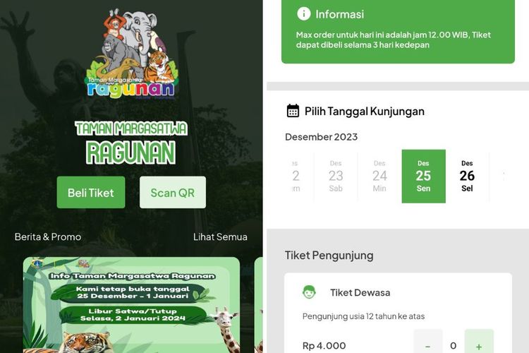 Tangkapan layar aplikasi Taman Margasatwa Ragunan yang bisa diunduh di Play Store, Senin (25/12/2023).
