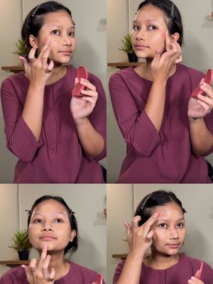 Model yang sedang melakukan step pada tahapan makeup sederhana, Jakarta Barat, Kamis (07/03/2024).