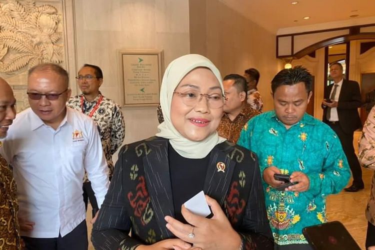 Menteri Ketenagakerjaan Ida Fauziyah dalam acara Peluncuran PP Nomor 68/2022 di Jakarta, Selasa (21/2/2023).