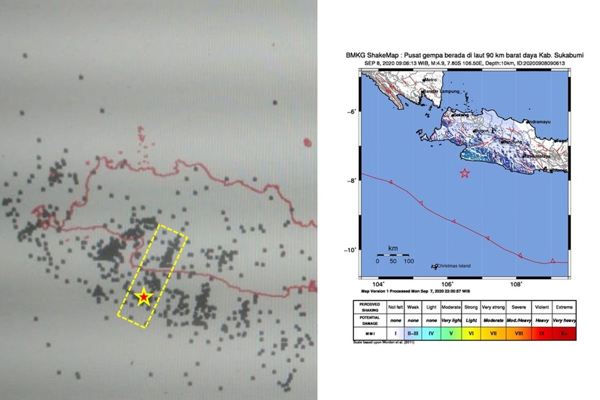 Selasa (8/9/2020) pukul 9.06 WIB, wilayah Sukabumi dan sekitarnya juga diguncang gempa tektonik. Hasil analisis BMKG menunjukkan bahwa gempa ini berkekuatan M 4,9.