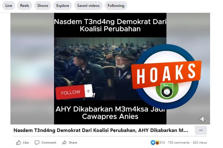 Tangkapan layar Facebook narasi yang menyebut Nasdem mendeng Demokrat dari KPP