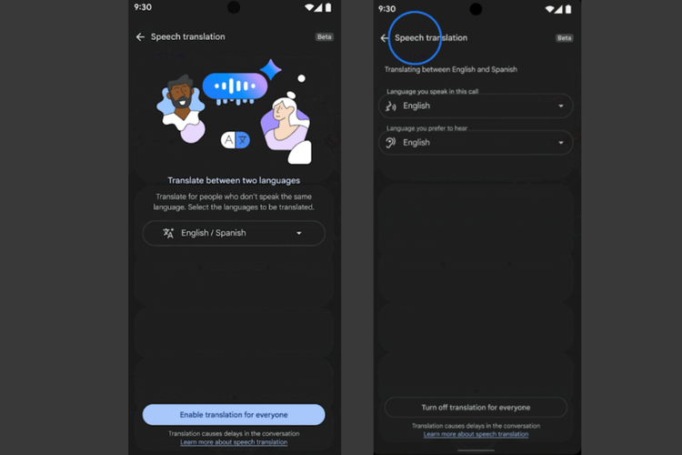 Tangkapan layar cara mengaktifkan fitur Speech Translation di aplikasi Google Meet. 