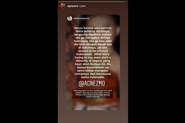 Postingan Instagram Story Agnez Mo setelah dikecam gara-gara mengaku tak berdarah Indonesia.