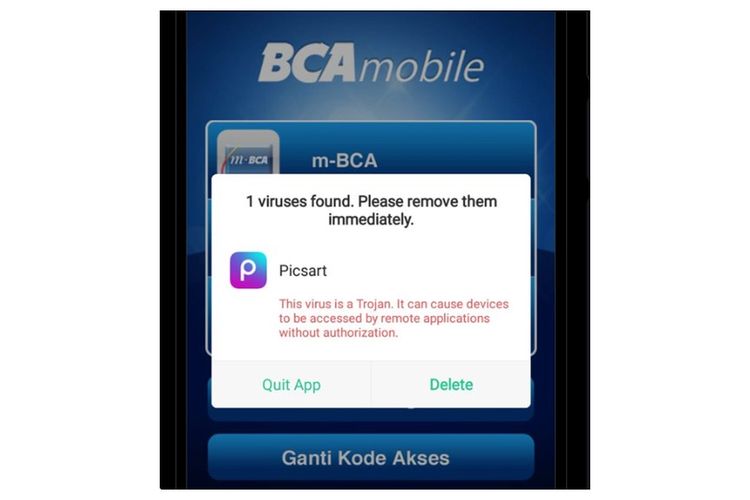 Tangkapan layar pop up virus saat membuka BCA Mobile