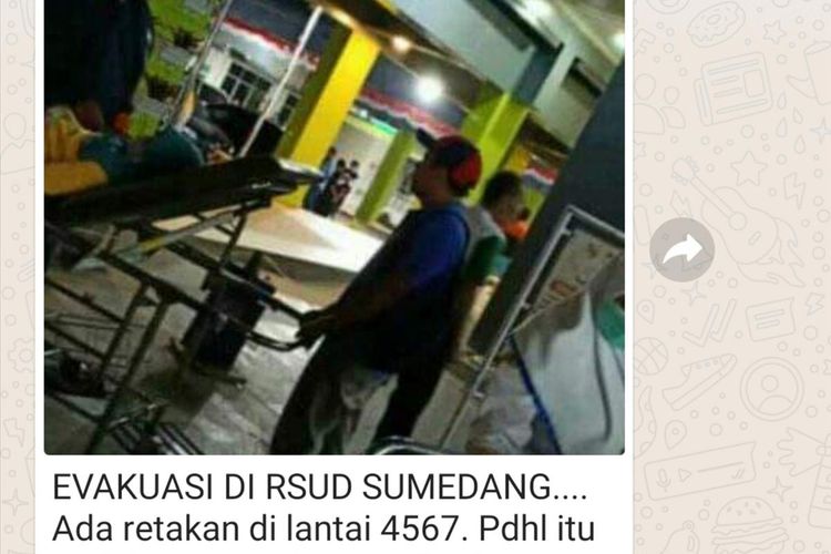 Hoaks gedung lantai 4, 5, 6, 7 RSUD Sumedang retak-retak pasca-gempa Banten dipastikan hoaks, Jumat (2/8/2019) malam. Screenshoot AAM AMINULLAH/KOMPAS.com