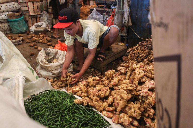 Pedagang rempah - rempah membersihkan jahe di Pasar Induk Kramat Jati, Jakarta Timur, Jumat, (13/3/2020). Harga Jahe merah naik pasca virus corona terdeteksi pertama kali di Indonesia pada 2 Maret lalu. Harga Jahe merah menembus angka Rp.100.000/kg.