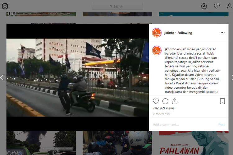 Video aksi penjambret yang kabur lewat busway viral di media sosial.