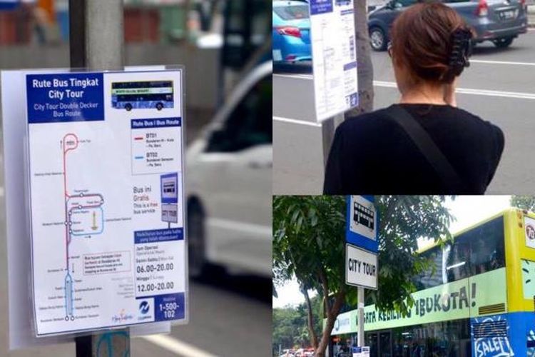 Relawan Forum Diskusi Transportasi Jakarta (FDTJ) tengah menempel peta Bus Tingkat Jakarta di halte-halte bus seluruh Jakarta.