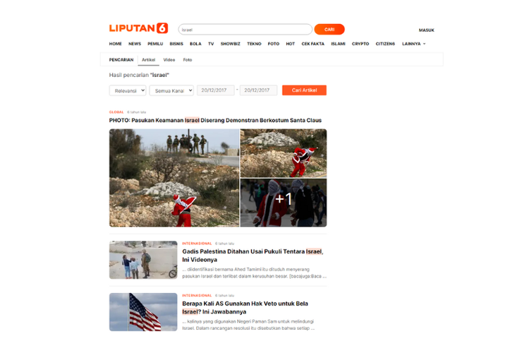 Tangkapan layar pemberitaan Liputan6.com tentang Israel, yang dimuat pada 20 Desember 2017