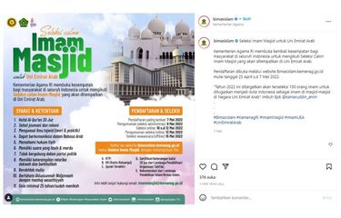 Tangkapan layar unggahan Instagram Kementerian Agama tentang Seleksi Imam Masjid