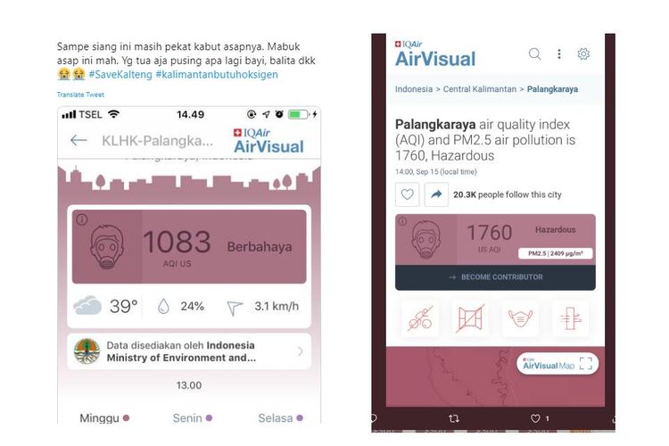 Unggahan sejumlah pengguna Twitter yang mengeluhkan kondisi kabut asap di Kalimantan.