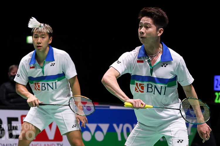 Marcus Fernaldi Gideon/Kevin Sanjaya Sukamuljo ketika menghadapi Matthew Clare/Ethan Van Leeuwen pada laga babak pertama All England 2021 di Utilita Arena Birmingham, Rabu (17/3/2021) malam WIB.