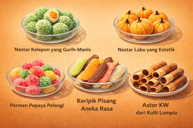 Tren Unik Kue Lebaran 2026 diperkirakan viral mulai dari Nastra Kelepon yang Gurih-Manis, Nastar Labu, Permen Pepayan Pelangi, Keripik Pisang hingga Astor KW dari Kulit Lumpia.