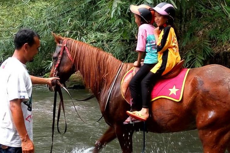 Dua anak kecil saat menikmati wisata berkuda menyusuri sungai di Sleman, DIY, dipandu oleh Agung Ginting Saputra. 