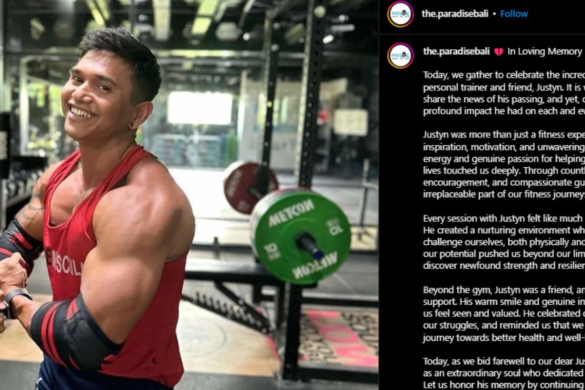 Tangkapan layar unggahan The Paradise Bali usai binaragawan Justyn Vicky meninggal dunia usai tertimpa barbel.