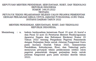 Tangkapan layar salinan Keputusan Menteri Pendidikan, Kebudayaan, Riset, dan Teknologi (Kepmendikbudristek) Nomor 349/P/2022 tentang Petunjuk Teknis Pelaksanaan Seleksi Calon PPPK untuk JF Guru pada Instansi Daerah Tahun 2022. Di dalamnya mengatur rencana enjadwalan seleksi calon PPPK Guru 2022.