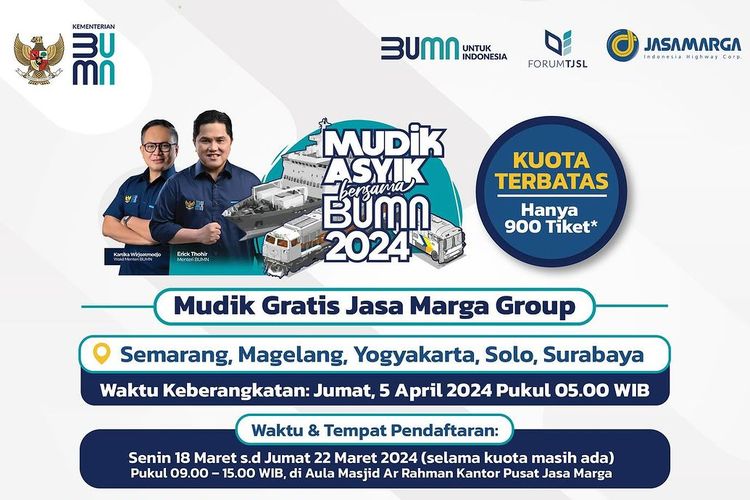 Cara daftar mudik gratis Jasa Marga 2024 yang dibuka 18 Maret 2024.