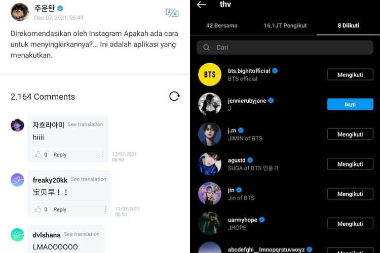 V BTS tak sengaja mengikuti akun Instagram Jennie Blackpink.