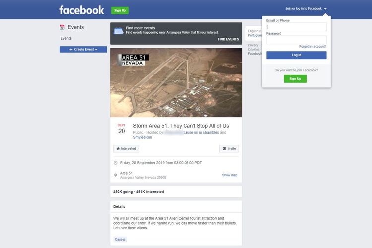 Inilah laman Facebook yang memperlihatkan rencana kegiatan untuk mendatangi pangkalan rahasia Area 51 di Nevada untuk melihat bukti adanya alien.