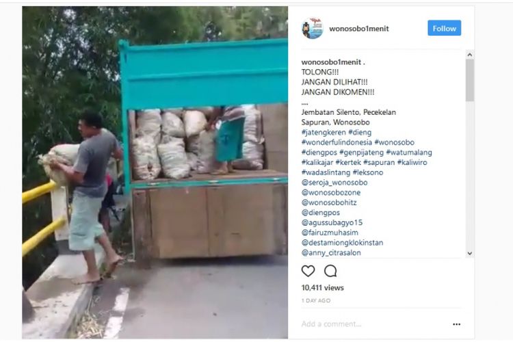 Pelaku terekam sedang membuang sampah di Jembatan Silento, Pecekelan, Sapuran, Wonosobo, Jawa Tengah