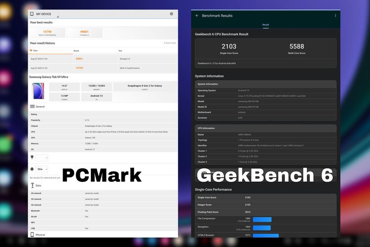 Skor benchmark Galaxy Tab S9 Ultra melalui pengujian PCMark (kiri) dan GeekBench 6 (kanan).