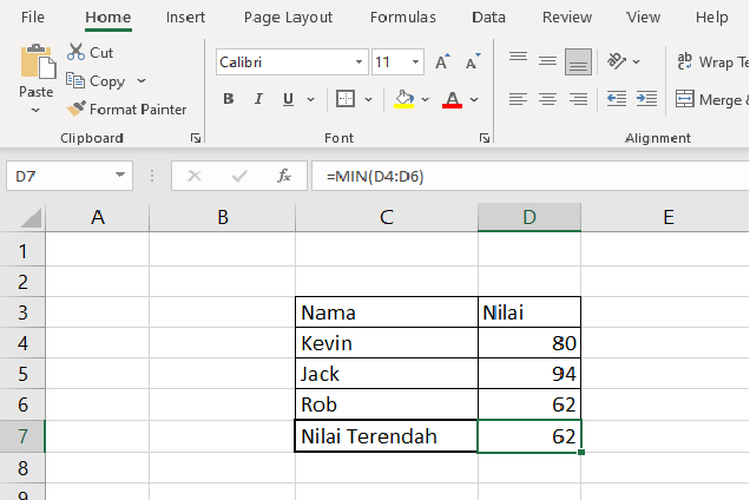 Cara menggunakan rumus MIN di Microsoft Excel.
