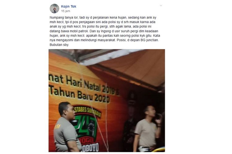 Tangkapan layar dari sebuah unggahan yang menyebutkan bahwa terdapat satu anggota keluarga diusir saat berteduh di Pos Penagamanan Polisi di Surabaya pada Sabtu (21/12/2019).