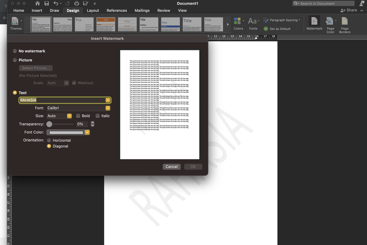 Tangkapan layar cara pasang watermark di Microsoft Word.