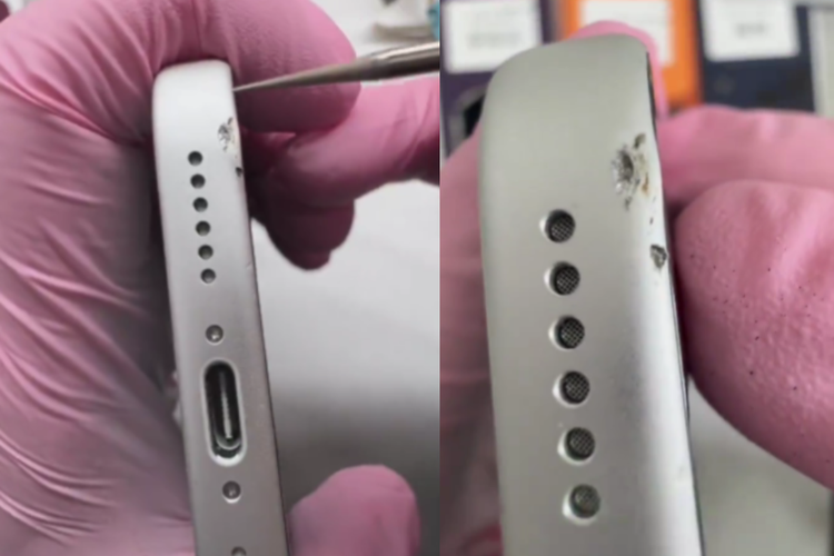 Proses perbaikan rangka iPhone 17 Pro Max yang penyok oleh teknisi di toko reparasi di China.