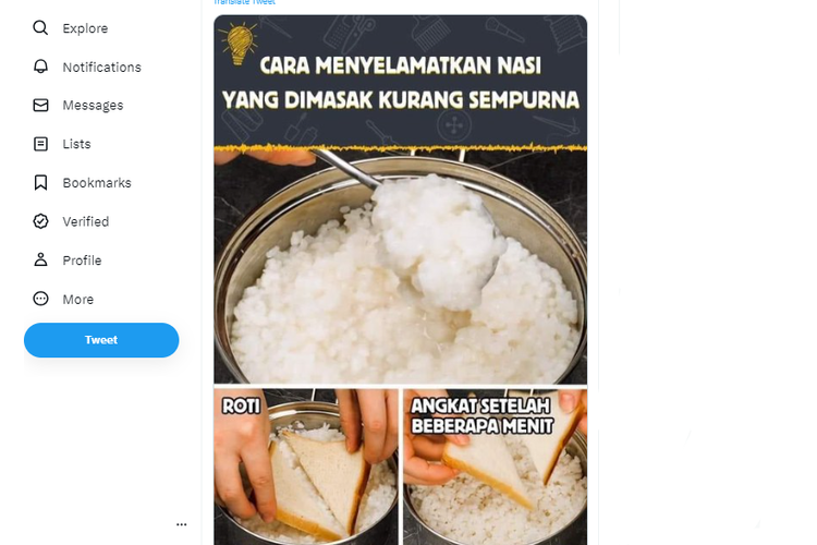 Tangkapan layar unggahan Twitter. Cara mengatasi nasi lembek dengan roti.