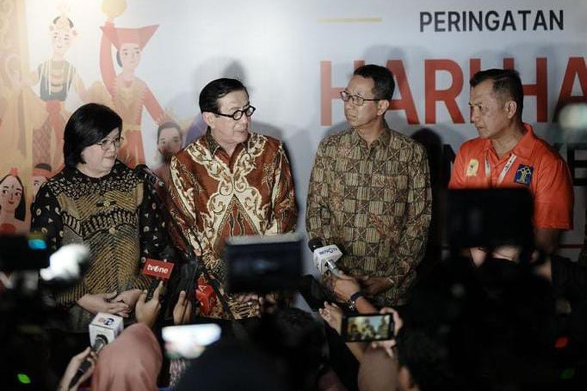 Menteri Hukum dan Hak Asasi Manusia (Menkumham) Yasonna H Laoly saat menghadiri puncak Peringatan Hari Hak Asasi Manusia (HAM) Sedunia ke-75 di Lapangan Banteng, Jakarta Pusat, Minggu (10/12/2023).