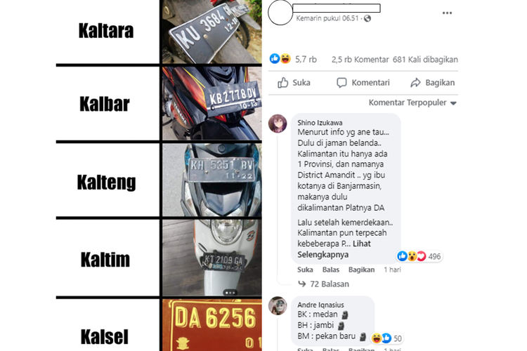 Tangkapan layar unggahan foto memperlihatkan kode pelat nomor seluruh wilayah di Kalimantan.