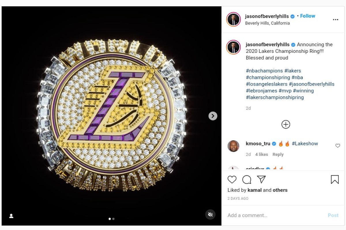 Cincin juara NBA 2019-2020 milik Lakers menyertakan desain dengan detail penghormatan untuk mendiang Kobe Bryant.