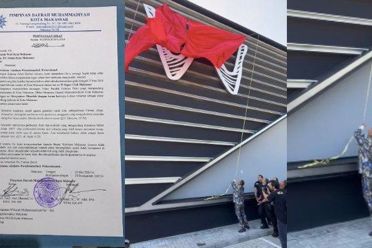 Kolase foto pernyataan sikap Muhammadiyah menolak W Superclub dan momen saat Hotman Paris meresmikan W Superclub Makassar, Senin (27/5/2024). 
