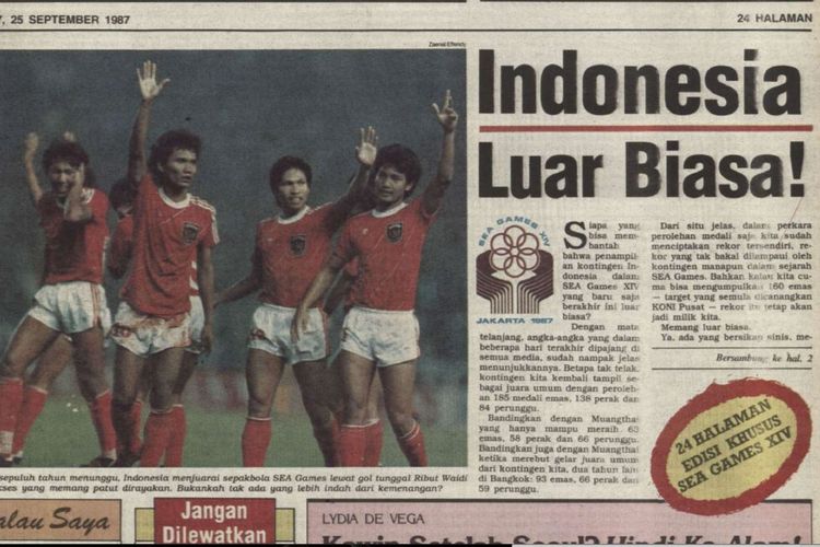 Artikel Tabloid BOLA No. 187 tertanggal 25 September 1987 yang menyoroti keberhasilan Indonesia menjadi juara umum SEA Games XIV.