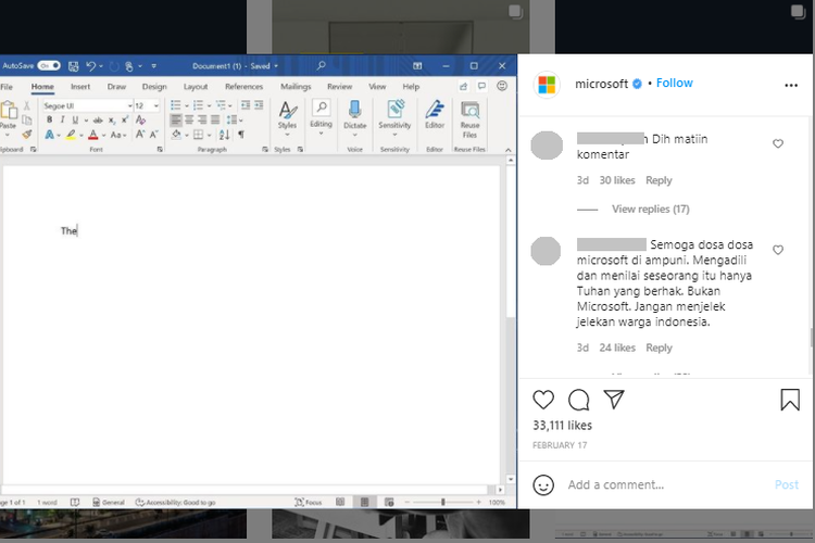 Tangkapan layar kolom komentar salah satu unggahan Microsoft yang dibanjiri komentar negatif berbahasa Indonesia.