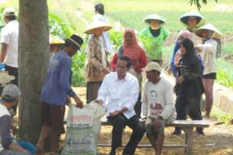 Presiden Joko Widodo berbincang dengan petani bawang di Desa Luwung Gede, Kecamatan Larangan, Brebes, Senin (11/4/2016).