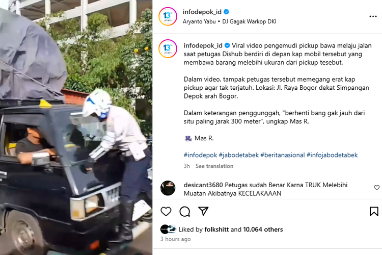 Video petugas Dishun nyangkut di kaca depan mobil pikap.