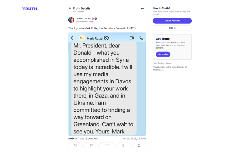 Tangkapan layar posting Trump di media sosial Truth Social yang melampirkan pesan dari Sekjen NATO Mark Rutte.